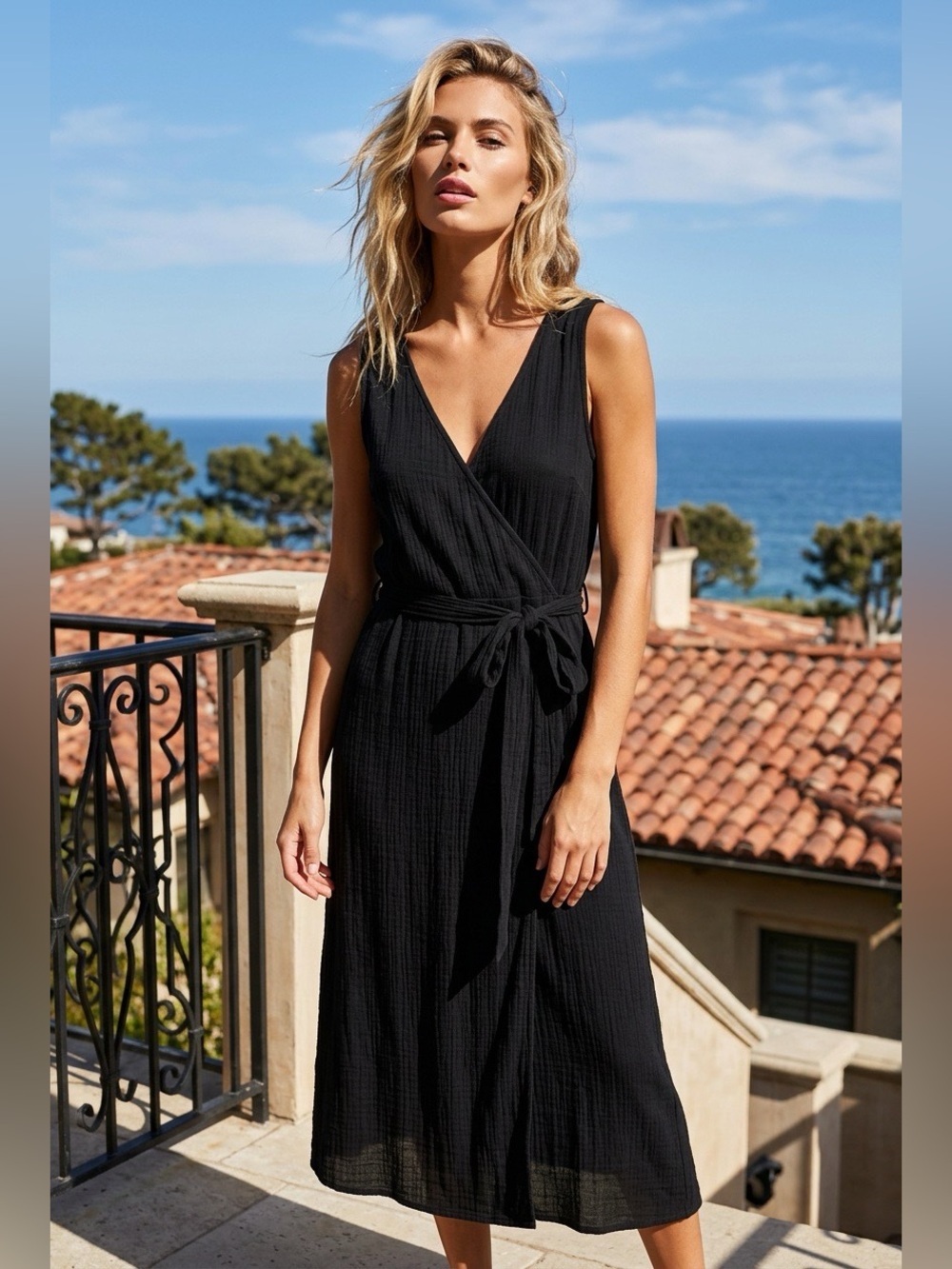Studio B Gauzy Faux Wrap Midi Dress Womens Large Beachy Coastal Garden Party